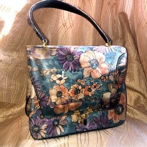 Bags by Varon vintage leather hand painted‎ flowers teal purple peach handbag